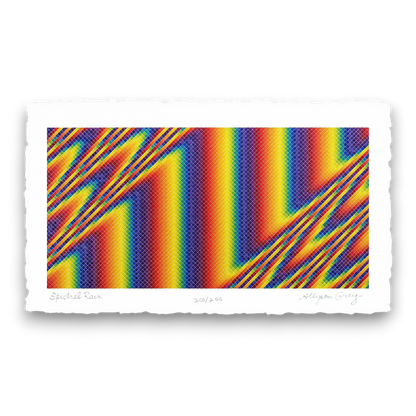 CoSM Shop Spectral Wave paper print featuring a rainbow gradient with diagonal lines and a grid pattern. Signed and numbered.