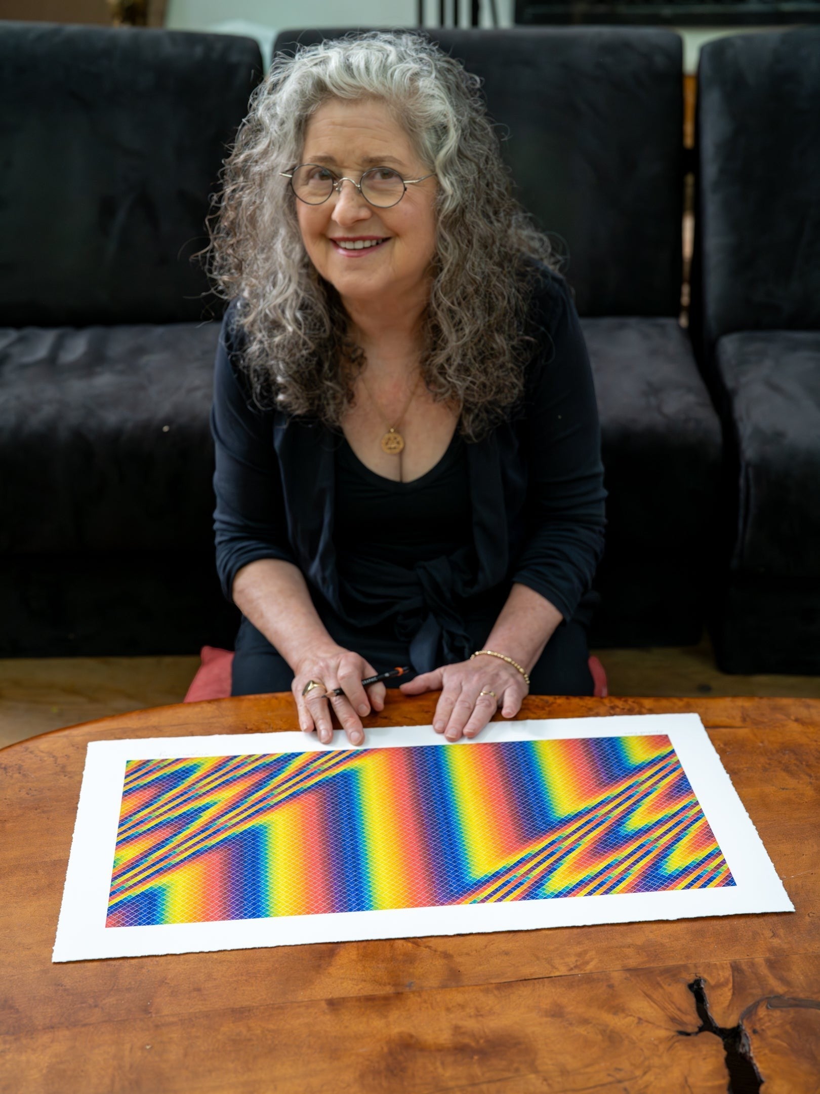 CoSM Shop Spectral Wave paper print by Allyson Grey, featuring a rainbow gradient with diagonal lines on archival matte paper.