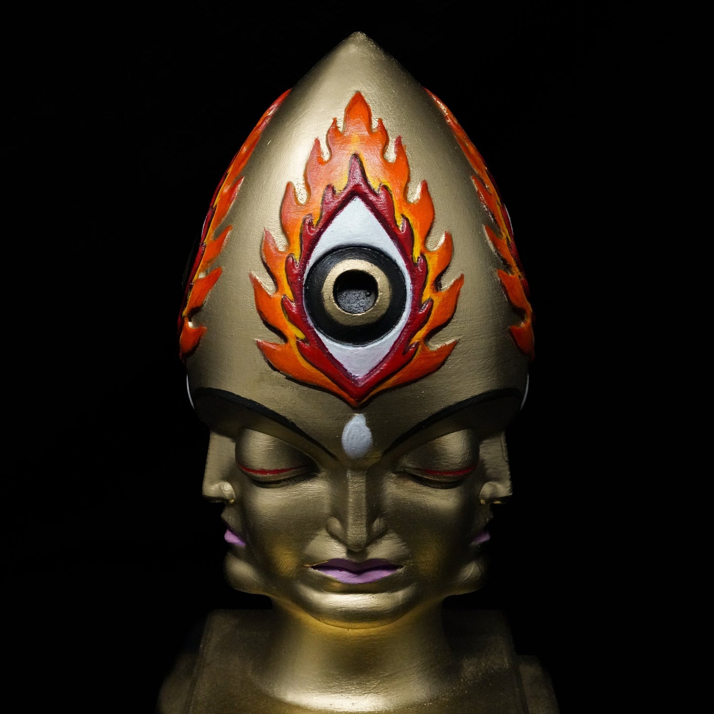 CoSM Shop Steeplehead sculpture by Alex Grey, hand-painted gold with third eye and flames design. Limited edition.
