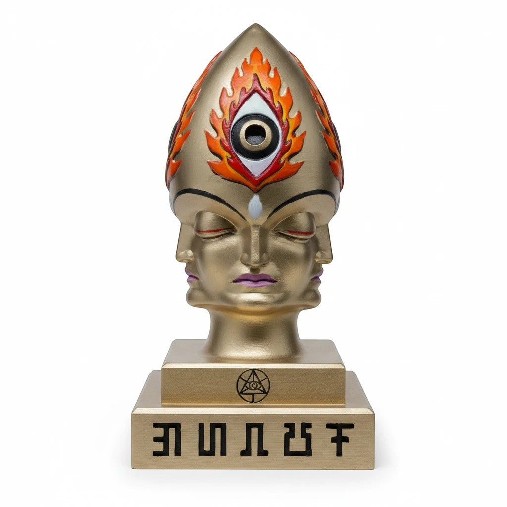 CoSM Shop Steeplehead sculpture by Alex Grey, gold finish, four faces, third eye motif, limited edition