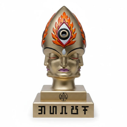 CoSM Shop Steeplehead sculpture by Alex Grey, gold finish, four faces, third eye motif, limited edition