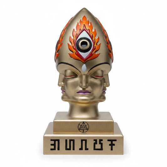 CoSM Shop Steeplehead sculpture by Alex Grey, gold finish, four faces, third eye motif, limited edition
