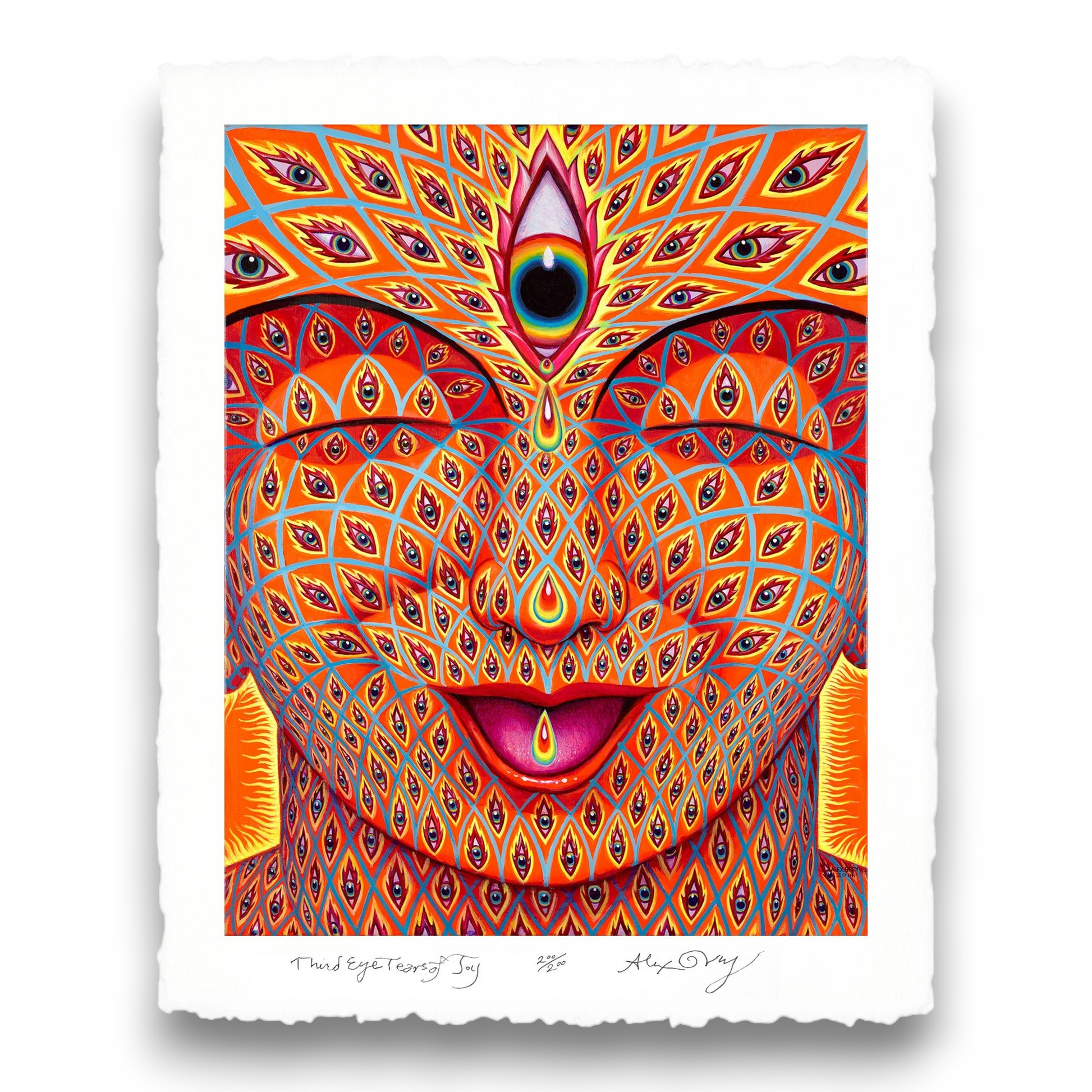 CoSM Shop Third Eye Tears of Joy paper print by Alex Grey, featuring a face covered in eyes, with a third eye at the forehead. Limited edition.