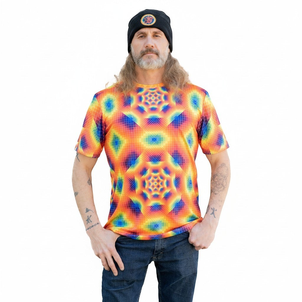 CoSM Shop men's short-sleeve tie-dye graphic tee, made of moisture-wicking polyester with a vibrant all-over geometric print in orange, blue, and yellow.