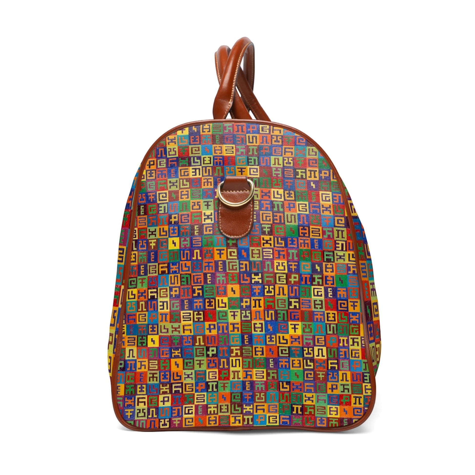 CoSM Shop travel bag with all-over Complementary Planned Randomness print, brown leather handles, and gold zipper.