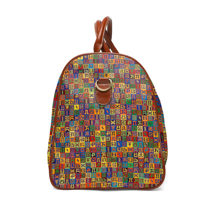 CoSM Shop travel bag with all-over Complementary Planned Randomness print, brown leather handles, and gold zipper.
