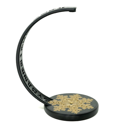 CoSM Shop Vision Crystal Prayer Wheel sculpture by Alex & Allyson Grey. Black stand with gold fractal snowflake design.
