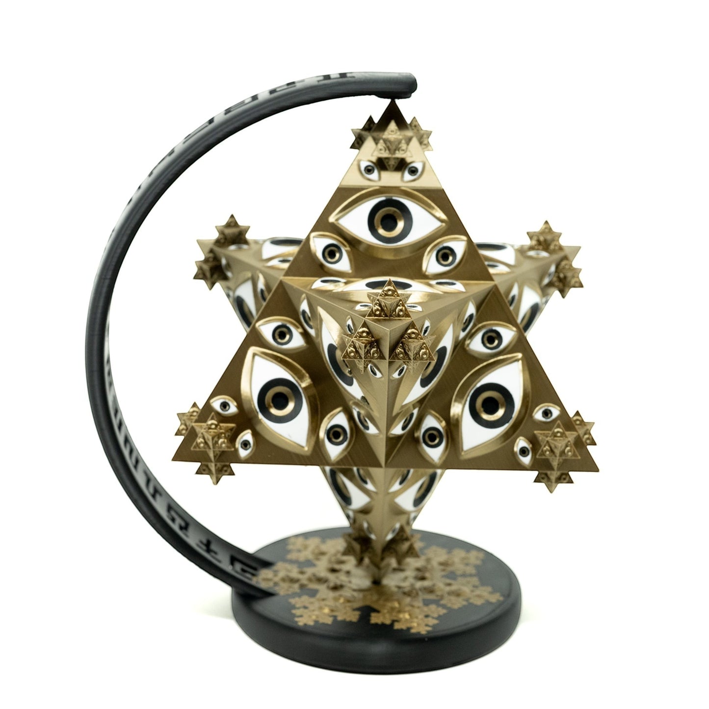 CoSM Shop Vision Crystal Prayer Wheel sculpture by Alex Grey, gold and white with all-seeing eyes, 9.5" tall.