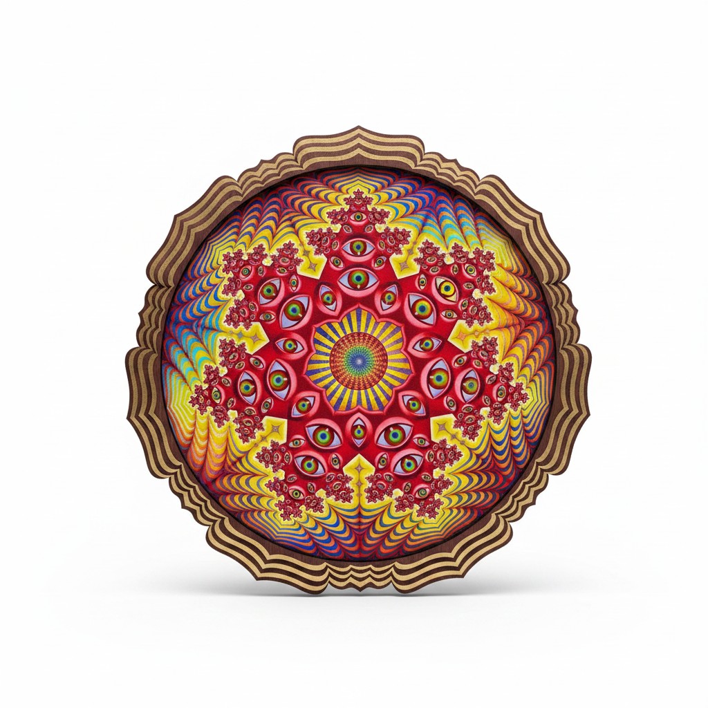 CoSM Shop Vision Crystal Tondo holographic textured metal print featuring a mandala of eyes in red, yellow, blue, and purple, framed in wood.