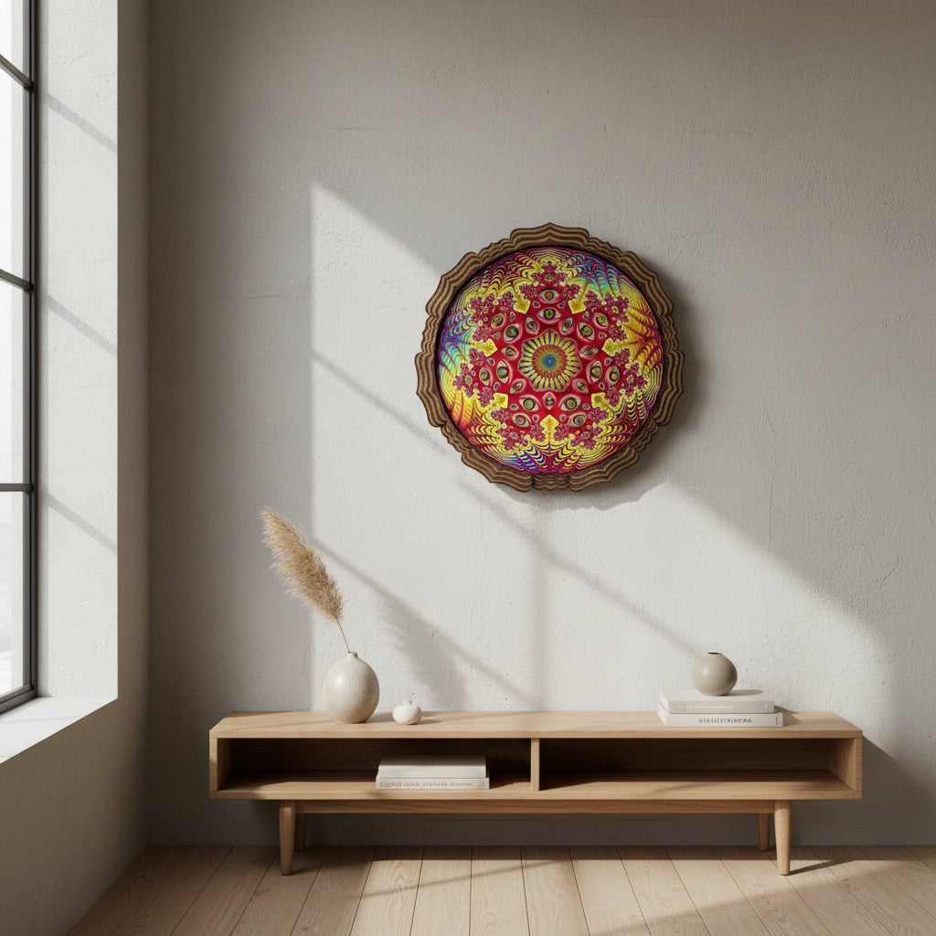 CoSM Shop Vision Crystal Tondo holographic textured metal print featuring eyes and fractal patterns in red, yellow, blue, and purple.