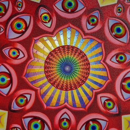 CoSM Shop Vision Crystal Tondo holographic textured metal print featuring a central mandala of eyes and radiating sun rays, surrounded by multiple eyes on a red textured background.