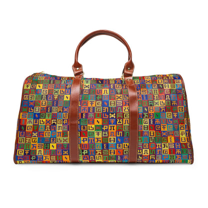 CoSM Shop waterproof travel bag with colorful geometric print and brown leather handles.