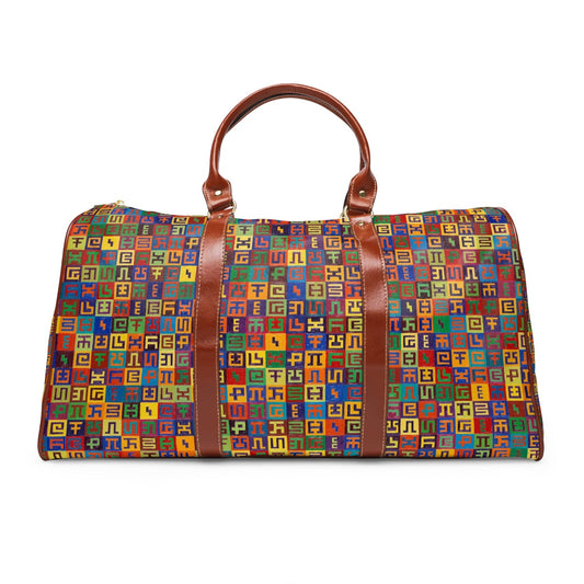 CoSM Shop waterproof travel bag with colorful geometric print and brown leather handles.