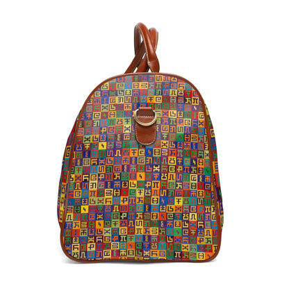 CoSM Shop waterproof travel bag with Complementary Planned Randomness print, brown leather handles and gold zipper.